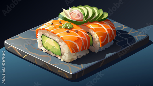 Very beautiful, appetizing California sushi roll with cheese, avocado, cucumber, and salmon in sesame seeds on a black stone plate, gourmet Japanese cuisine, elegant food presentation, and fresh 