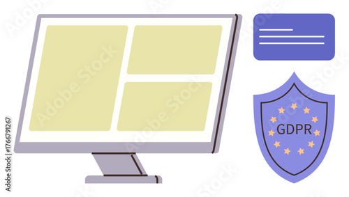 Computer screen with interface layout, GDPR shield symbolizing compliance, and document. Ideal for internet security, GDPR, data privacy, legal, web design, IT digital responsibility simple flat