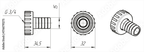 Vector drawing of round steel mechanical 
part with through holes, dimensional lines.
Engineering technical cad scheme and 3d model
of cover. Sketch on white paper sheet.