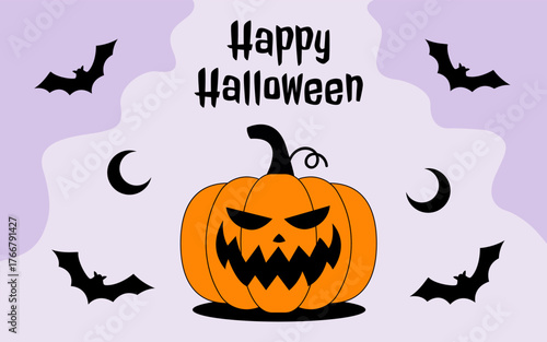 Halloween banner with pumpkin and bats. Halloween trick or treat card with bats and scary pumpkins. Vector stock