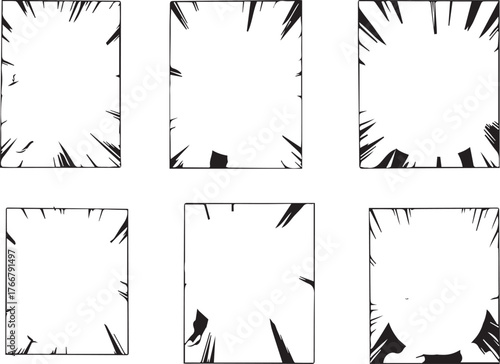 Cartoon radial frame. Manga comic strip and action anime motion graphic asset, burst effect, speed and velocity graphic elements. Vector isolated set. Fast and power movements for magazine