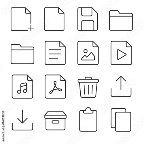 File management linear icon set. featuring add, save, folder, document, image, video, music, pdf, delete, upload