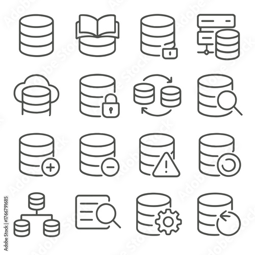 Database management linear icon set. featuring cloud, lock, synchronize, search, hierarchy, list, gear