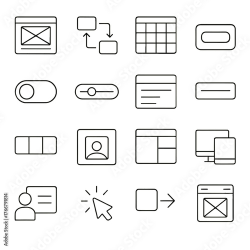 User interface linear icon set. featuring layouts, forms, buttons, grids, toggles, and navigation symbols