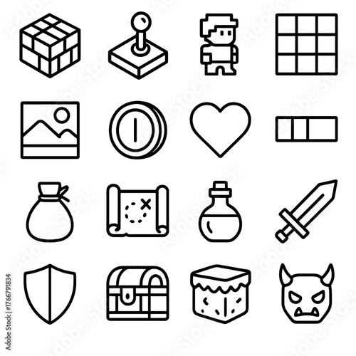 Gaming and adventure linear icon set. featuring puzzle, joystick, avatar, grid, landscape, power, heart, loot, map, potion, sword, shield, chest, armor, monster