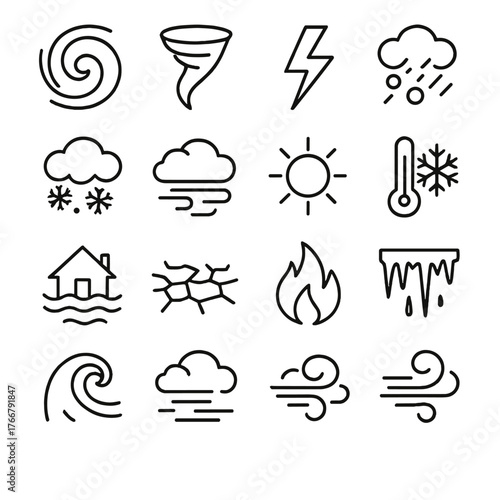 Weather elements linear icon set. featuring cyclone, tornado, lightning, rain, snow, sun, thermometer, flood, drought, fire, icicles, wave, clouds, wind