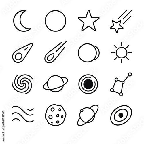 Astronomy linear icon set. featuring moon, sun, star, comet, planet, meteor, orbit, galaxy, eclipse, waves