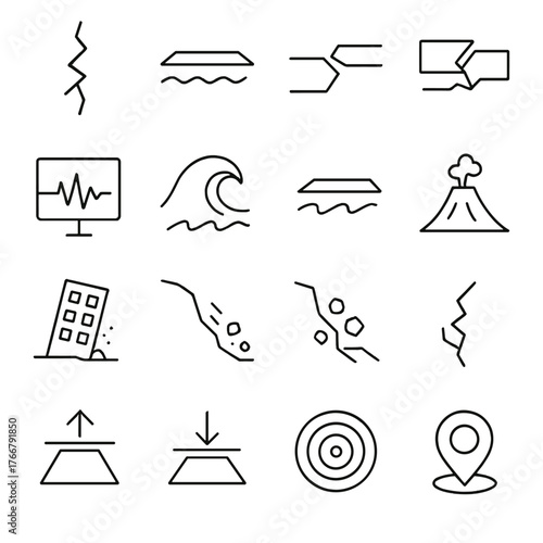 Disaster management linear icon set. featuring earthquake, tsunami, volcano, and landslide symbols