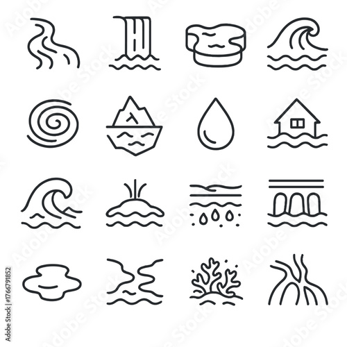 Nature elements linear icon set. featuring river, waterfall, island, wave, flood, storm, iceberg, droplet symbols