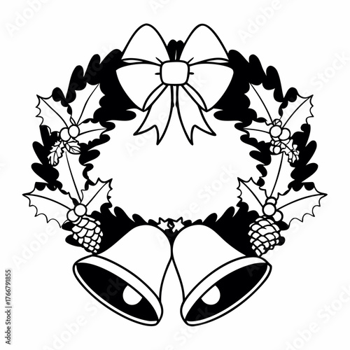 An elaborate line art wreath composed of intertwined Christmas elements like bells, holly, and pine cones, on white