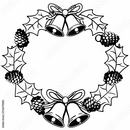 An elaborate line art wreath composed of intertwined Christmas elements like bells, holly, and pine cones, on white