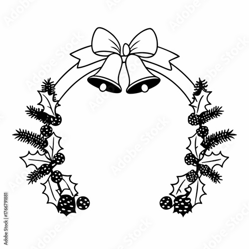An elaborate line art wreath composed of intertwined Christmas elements like bells, holly, and pine cones, on white