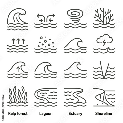 Marine elements linear icon set. featuring waves, tides, storm, seaweed, lagoon, estuary, shoreline