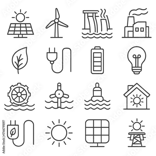 Renewable energy linear icon set. featuring solar, wind, hydroelectric, geothermal, biomass, and battery symbols