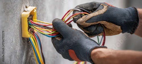 The Electrician Installing Colorful Electrical Wiring in a Wall Outlet