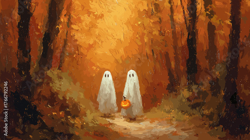 Two Little Ghosts on an Autumn Forest Path Halloween mood aquarel style vector image