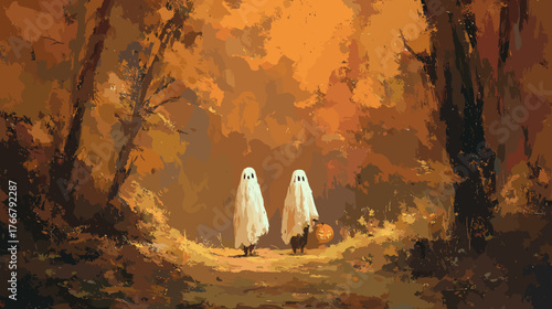 Two Little Ghosts on an Autumn Forest Path Halloween mood aquarel style vector image