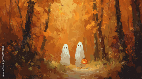 Two Little Ghosts on an Autumn Forest Path Halloween mood aquarel style vector image