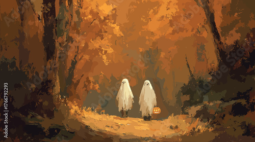 Two Little Ghosts on an Autumn Forest Path Halloween mood aquarel style vector image