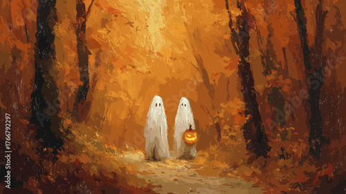 Two Little Ghosts on an Autumn Forest Path Halloween mood aquarel style vector image