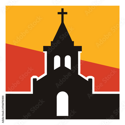 Flat Vector of Church Silhouette with Cross and Colorful Background Accents for Christian Holiday, Religious, and Celebration Designs