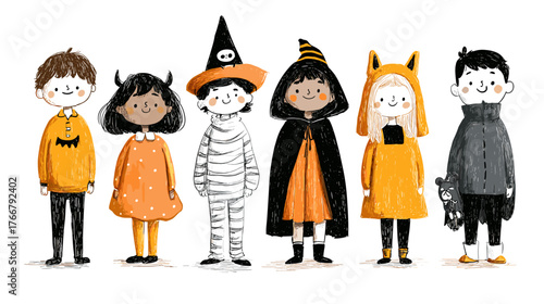 set od Cute Children in Halloween Costumes  vector doodle style 