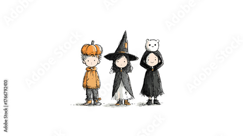 set od Cute Children in Halloween Costumes  vector doodle style 