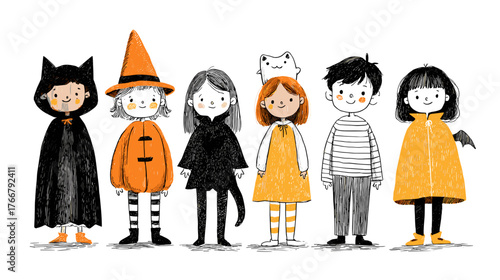 set od Cute Children in Halloween Costumes  vector doodle style 