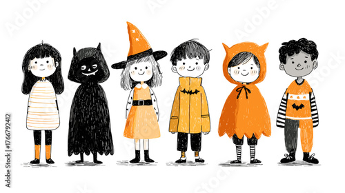set od Cute Children in Halloween Costumes  vector doodle style 