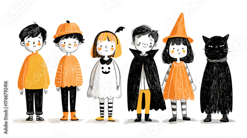 set od Cute Children in Halloween Costumes  vector doodle style 