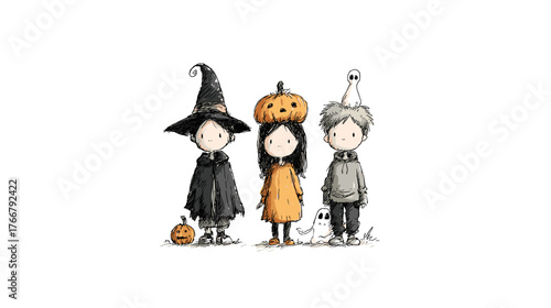 set od Cute Children in Halloween Costumes  vector doodle style 