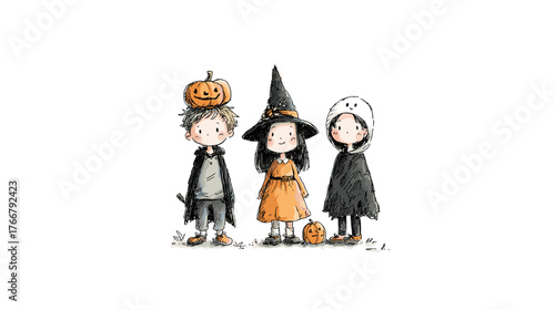 set od Cute Children in Halloween Costumes  vector doodle style 