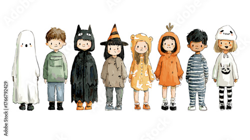set od Cute Children in Halloween Costumes  vector doodle style 