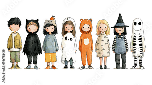 set od Cute Children in Halloween Costumes  vector doodle style 