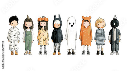 set od Cute Children in Halloween Costumes  vector doodle style 