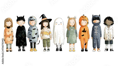 set od Cute Children in Halloween Costumes  vector doodle style 