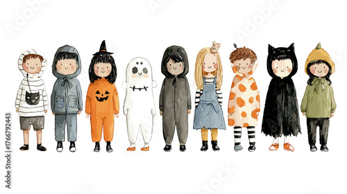 set od Cute Children in Halloween Costumes  vector doodle style 