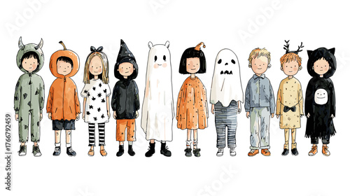 set od Cute Children in Halloween Costumes  vector doodle style 