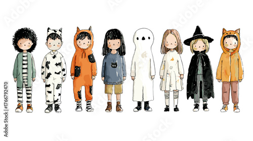 set od Cute Children in Halloween Costumes  vector doodle style 