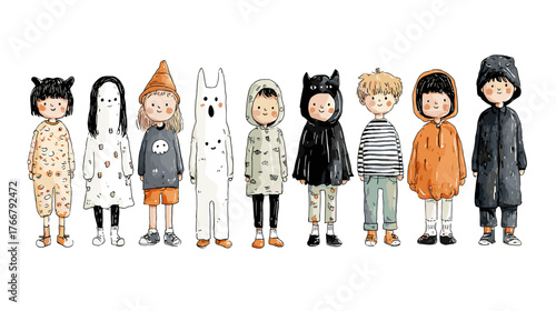 set od Cute Children in Halloween Costumes  vector doodle style 