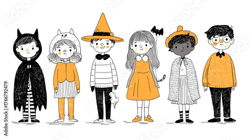 set od Cute Children in Halloween Costumes  vector doodle style 