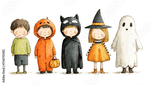 set od Cute Children in Halloween Costumes  vector doodle style 