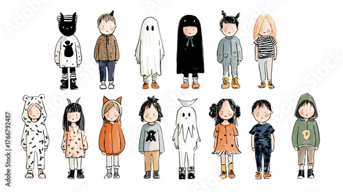 set od Cute Children in Halloween Costumes  vector doodle style 