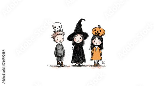 set od Cute Children in Halloween Costumes  vector doodle style 