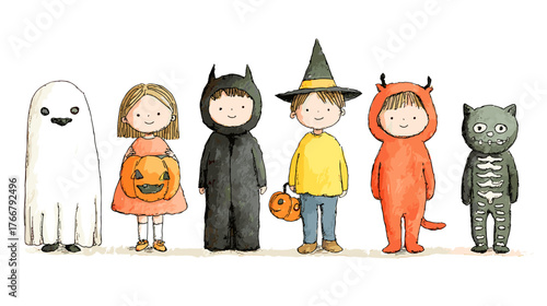 set od Cute Children in Halloween Costumes  vector doodle style 