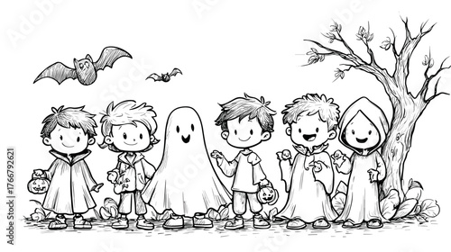 Little Friends Enjoying a Halloween Party doodle style 