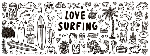 set of surfing doodle style with text Love Surfing in ocean and fish elements 