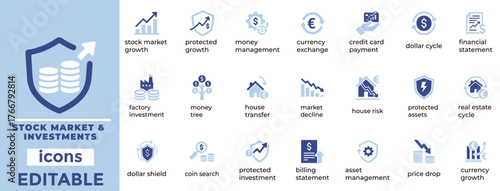 Clean stock market and investment icons for finance, fintech, and trading projects fully editable modern vector set.
