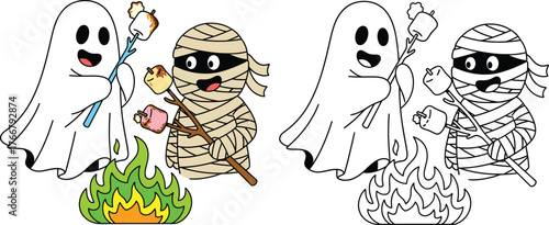 Cute ghost and mummy roasting marshmallows over campfire — fun Halloween kids cartoon scene with both colored and coloring page printable illustration