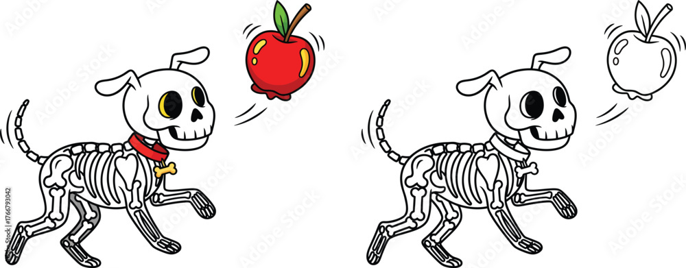 Obraz premium Cute skeleton dog chasing floating apple — fun Halloween cartoon character in colored and coloring page style for kids printable and spooky festive illustration